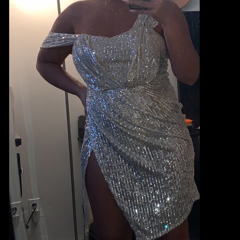 Silver dress with a slit